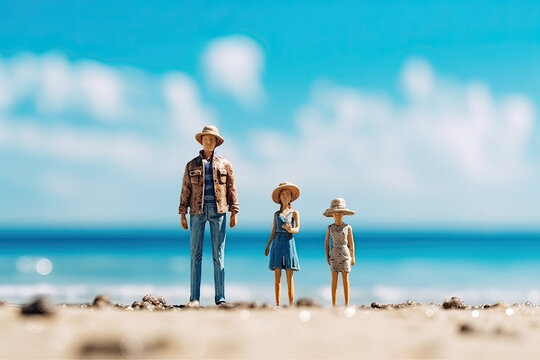 Miniature people figurines of father with children on summer vacation near seaside