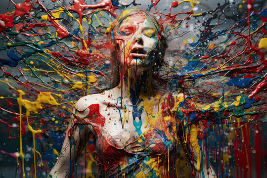 Abstract art colorful portrait of woman with paint splashes