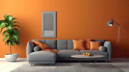 A restaurant interior with brown table standing near rectangular and round wooden tables. Mockup poster in the cafeteria