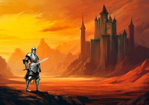 Fantasy illustration of a knight with a sword on the background of the castle, paintings desert landscape, fine art, artwork