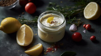 Yogurt dessert. Mayonnaise in glass jar. Generative AI