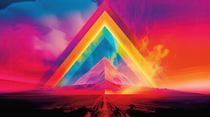 Psychedelic colorful triangle pyramid in flame. Rainbow triangle pyramid. Generative AI