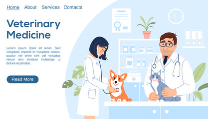 Young veterinarians with dog and cat examining cute animals on pet hospital background. Veterinary medicine landing page. Flat line website template with button Vet clinic homepage vector illustration