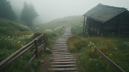 Fototapeta premium Misty wooden path in village. Wooden step stairs. Generative AI