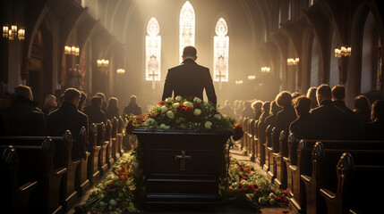 Eternal Farewell, Solemn funeral ceremony with a coffin in a serene church setting, - obrazy, fototapety, plakaty
