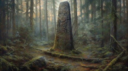 Giant Celtic stone totem in forest. In style of oil painting illustration. Generative AI