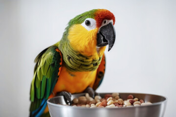 A colourful parrot eating, nutrition concept, generative AI
