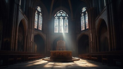 Inside large ancient sunlit Cathedral. Generative AI