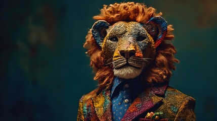 Obraz premium Anthropomorphic lion wearing fashion colorful suit. Generative AI