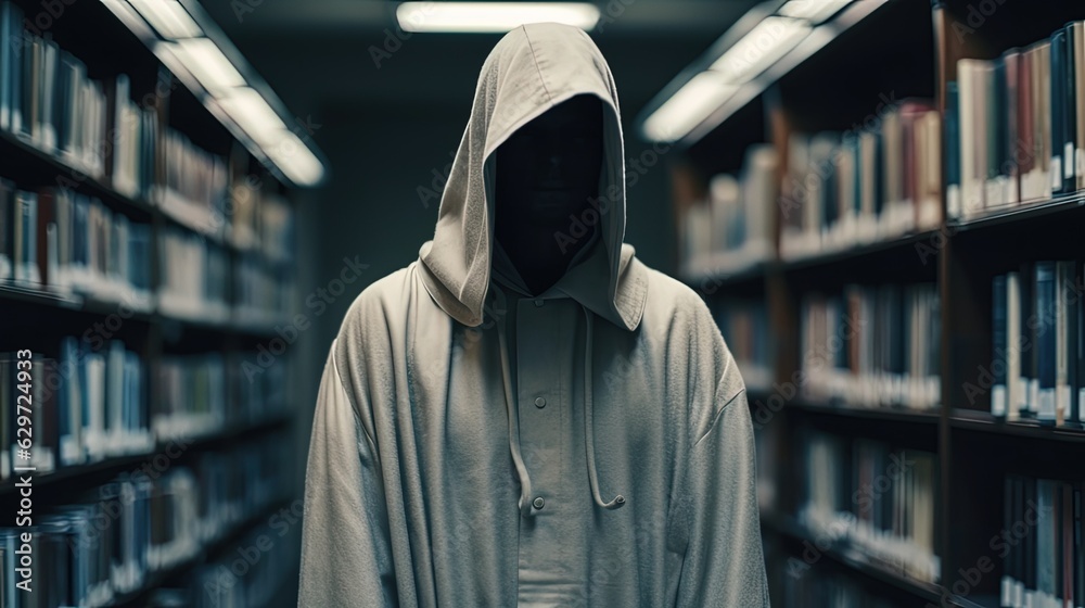 Wall mural creepy faceless person wearing gray hoodie standing in library. generative ai - Wall murals