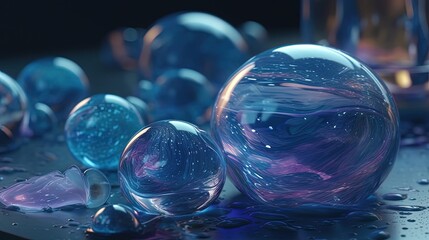 Futuristic blue glass spheres. Bubbles. Generative AI