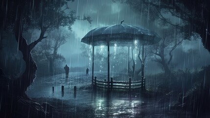 Umbrella roofed gazebo in a rainy park. Pouring rain atmosphere. Generative AI