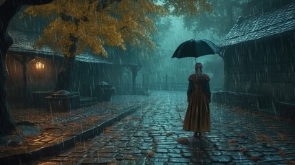 Woman walking with umbrella down the rainy street. Pouring rain atmosphere. Generative AI
