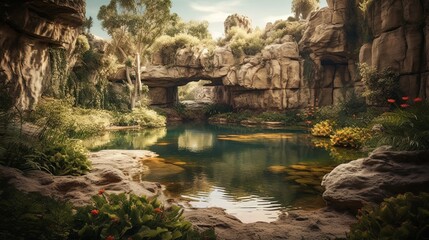 Fototapeta na wymiar Secret pond inside stone building. Generative AI