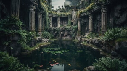 Fototapeta na wymiar Secret pond inside stone building. Generative AI