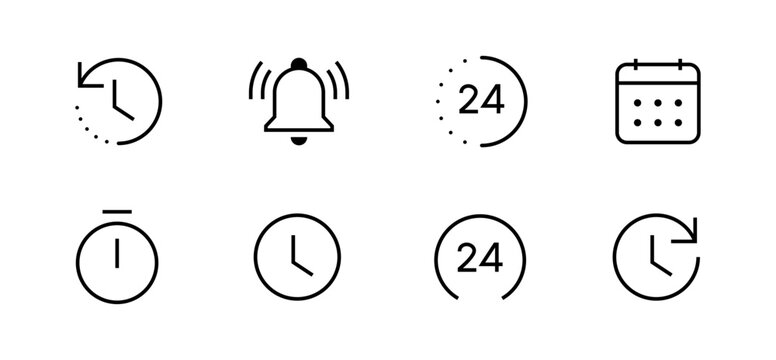 Time icon set. clock, calendar, timer line icons . vector time passage and stopwatch, countdown, minimal thin line web icon set