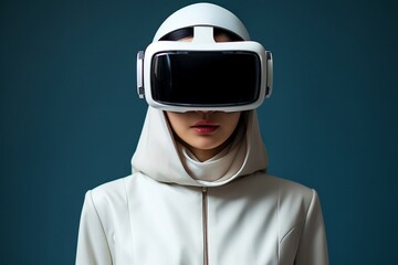 Asian Beautiful young female Wearing Virtual reality headset with clear background. Technology digital Futuristic innovation device concept