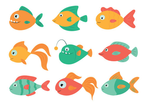 Cute colorful tropical fish set isolated on white background. Cartoon funny pets. Colored vector animals. Piranha, goldfish and monkfish. Underwater sea life