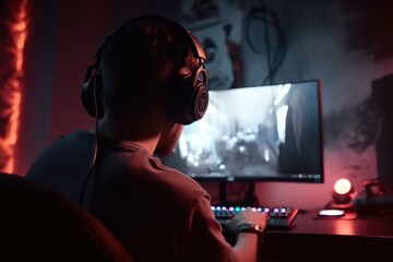 Esports and online gaming back view of man wearing headphones, AI generated