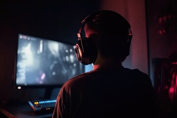 Esports and online gaming back view of man wearing headphones