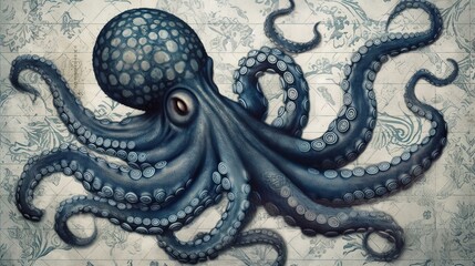 Bluish octopus. In style of vector illustration. Generative AI
