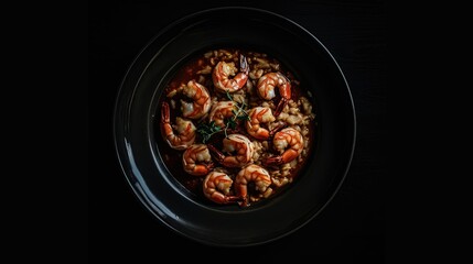 Shrimps with grits dish in black plate. Generative AI