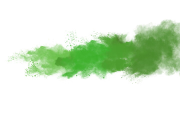 Abstract green powder explosion isolated on white background