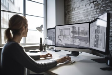 An architect works on a computer on a project of a modern building while working in the office