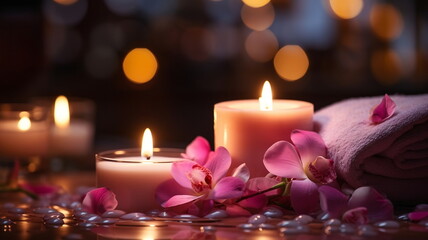 Obraz na płótnie Canvas spa concept cozy atmosfear,soft candle blurred light,beautiful tropical flowers