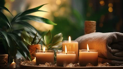 Fototapete Spa spa concept cozy atmosfear,soft candle blurred light,beautiful tropical flowers