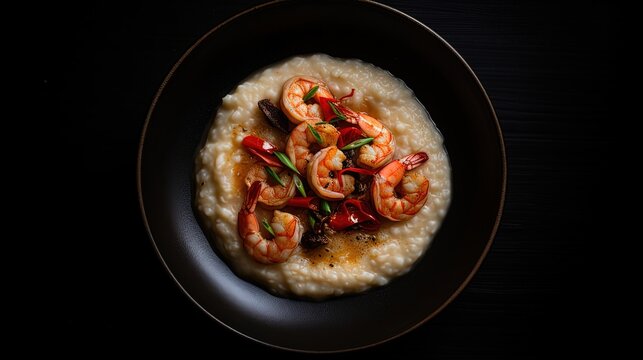 Shrimps with grits dish in black plate. Generative AI