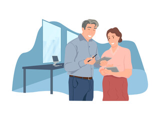 Fototapeta premium Woman teaching tablet to colleague in office.