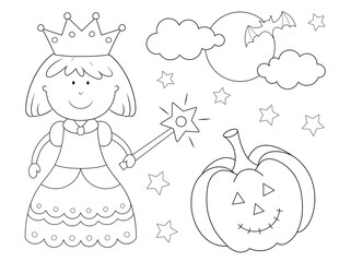 kindergarten halloween coloring pages. cute princess and pumpkin. you can print it on 8.5x11 inch paper © BaMic illustrations