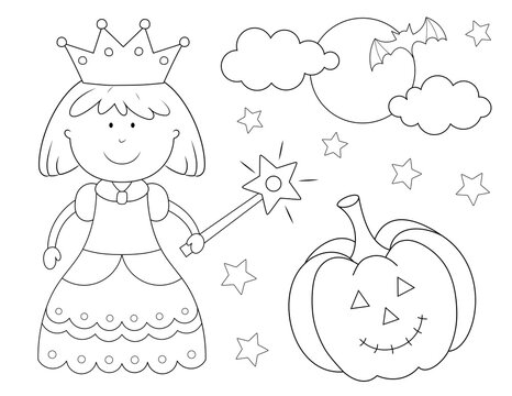 Kindergarten Halloween Coloring Pages. Cute Princess And Pumpkin. You Can Print It On 8.5x11 Inch Paper