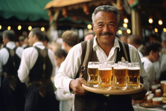 Oktoberfest Senior man holding beer, Generative AI