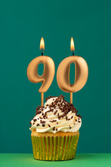 Birthday candle number 90 - Vertical anniversary card with green background