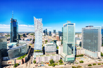 Warsaw City Aerial View with Modern Skyscrapers during a Sunny Day