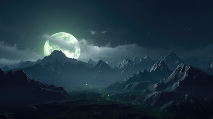 Fototapeta na wymiar Misty mountains night sky, mystical landscape with moon. Generative AI.
