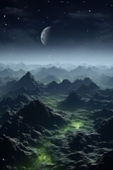 Misty mountains night sky, mystical landscape with moon. Generative AI.