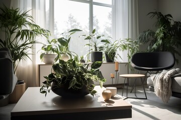 Modern interior with green plants. Landscaping of interiors