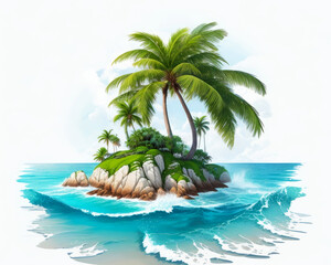Obraz premium Vector style illustration of a tropical island with palm trees and ocean, Generative AI