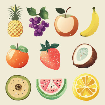 Collection of hand-drawn icon fruits isolated on flat background. Pineapple, grapes, apple, banana, tomato, strawberry, coconut, kiwi, watermelon, orange. Vector colorful fruits.