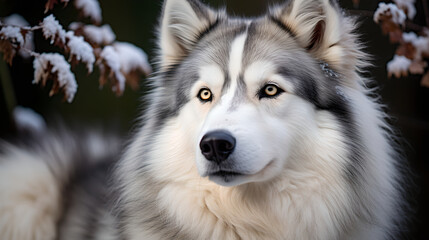 Close up of siberian husky dog at winter mountain
