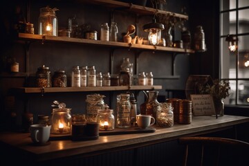 Fototapeta na wymiar Scandinavian kitchen interior with cozy warm light. Hygge atmosphere