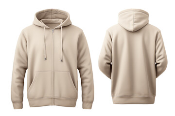 Beige hoodie template. Classic sweatshirt with clipping path, branding design mockup isolated on white transparent png background, cutout. Back and front view.