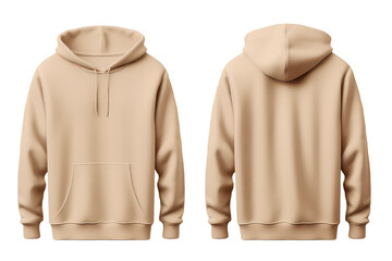 Beige hoodie template. Classic sweatshirt with clipping path, branding design mockup isolated on white transparent png background, cutout. Back and front view.