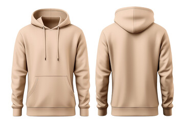 Beige hoodie template. Classic sweatshirt with clipping path, branding design mockup isolated on white transparent png background, cutout. Back and front view.