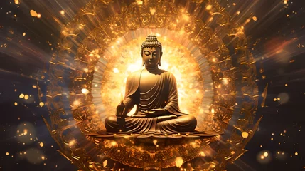 Foto auf Alu-Dibond Spiritual background for meditation with buddha statue with galaxy universe background. Meditation on outer space background with glowing chakras © AspctStyle
