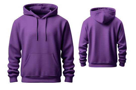 Purple hoodie template. Classic sweatshirt with clipping path, branding design mockup isolated on white transparent png background, cutout. Back and front view.