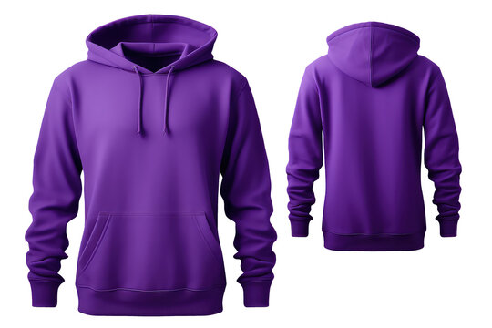 Purple hoodie template. Classic sweatshirt with clipping path, branding design mockup isolated on white transparent png background, cutout. Back and front view.